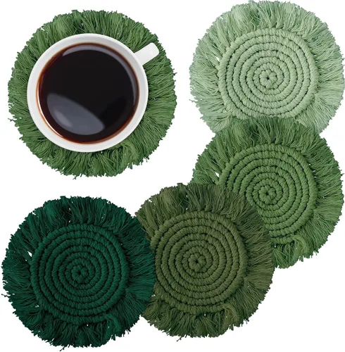 Miniatura 8 de Whaline Juego de 4 posavasos de macramé bohemios tejidos hechos a mano para bebidas, tapete bohemio con borla para tipos de tazas y tazas, café