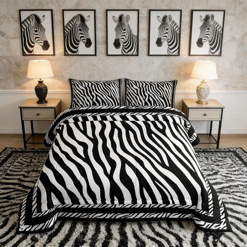 Miniatura 31 de Juego de edredón Manfei Leopardo Rosa Tamaño Individual, Juego de ropa de cama con estampado de cebra negro y blanco 2 piezas para decoración