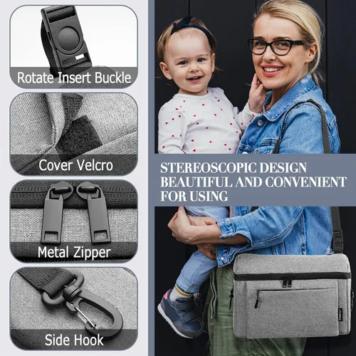 Miniatura 4 de Organizador universal para cochecito de bebé, espacio grande con portavasos aislado, bolsa de pañales desmontable, correa de hombro ajustable