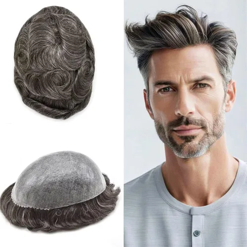 Miniatura 126 de Peluca completa de poliuretano para hombre, sistemas de reemplazo de cabello humano, piel fina y duradera, para hombre, prótesis de cabello