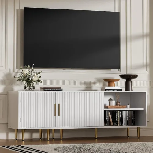 Miniatura 5 de Housoul Soporte de TV moderno combinado para TV de 55/60/65 pulgadas, pequeño centro de entretenimiento acanalado con estante ajustable, soporte