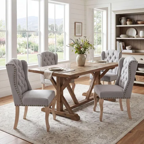 Miniatura 16 de chairus Juego de 4 sillas de comedor con diseño capitoné Parsons, tapizadas de estilo rústico francés con ribete de cabeza de clavo y patas