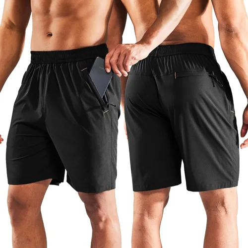 Miniatura 12 de MIER - Pantalones cortos de correr para hombre, de secado rápido, con bolsillo con cremallera, cintura elástica, pantalones cortos atléticos
