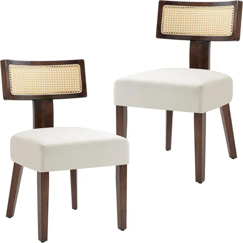 Miniatura 25 de Juego de 4 sillas de comedor, sillas de cocina de tela tapizada en madera, silla acolchada de lino sin brazos con respaldo curvo acentuado