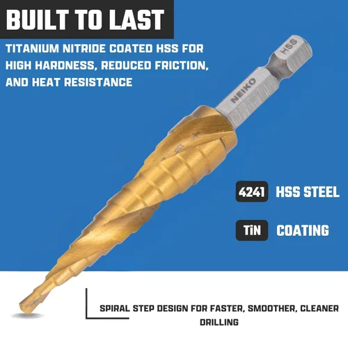 Miniatura 3 de NEIKO 10602A Step Drill Bit, 13 Steps 1/8" to 1/2" Spiral High Speed Steel, Titanium Nitride Coated, 1/4" Quick Change Step Bits for Steel, Metal