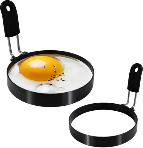 Miniatura 11 de Anillos para huevos de 3.5 pulgadas con mango de silicona, anillos de cocina para huevos de acero inoxidable, antiadherentes, para freír huevos