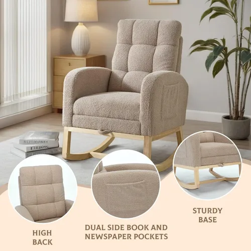 Miniatura 5 de Rosevera Mecedora para guardería con reposapiés ajustable para sala de estar, tela de peluche, patas de madera maciza, cómodo sillón con respaldo