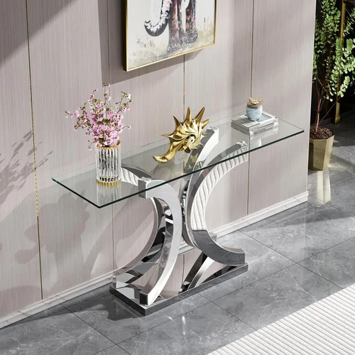 Miniatura 187 de Mesa de centro de cristal de lujo, mesa de centro de sofá de 47 pulgadas con marco de acero inoxidable dorado y parte superior de vidrio negro, mesa