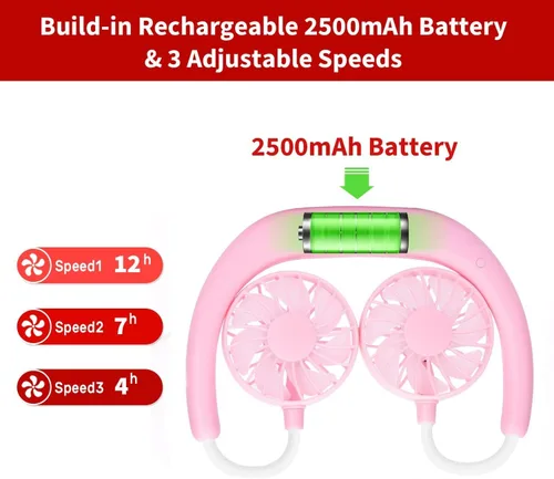 Miniatura 5 de Ventilador de cuello portátil recargable, ventilador personal manos libres, mini USB, con banda para el cuello, ventilador deportivo de 3 Paquete