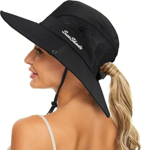 Miniatura 21 de Sombrero de sol de verano para mujer, cola de caballo – Protección UV de malla de ala ancha plegable con agujero para cola de caballo