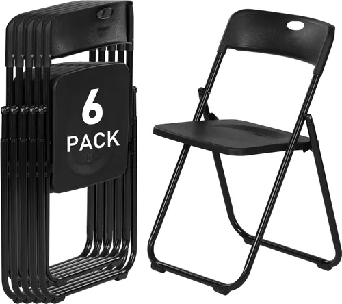 Sillas plegables de plástico negro, paquete de 6, silla plegable ligera con capacidad de 350 libras, marco de metal fácil de plegar y almacenar,