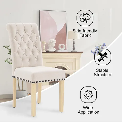 Miniatura 5 de adochr Juego de 2 sillas de comedor de tela de lino, silla de comedor tapizada con patas de madera, sillas Parsons sin brazos para Beige