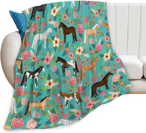 Manta con estampado de caballos, con patrón de caballos y flores, para niñas, niños y adultos, súper cálida, suave y acogedora, manta de franela de