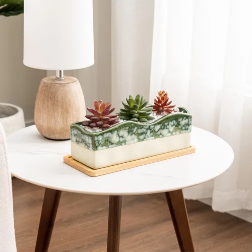 Miniatura 4 de MyGift Maceta rectangular para suculentas - Maceta decorativa de cerámica beige y verde glaseada con bandeja de bambú extraíble