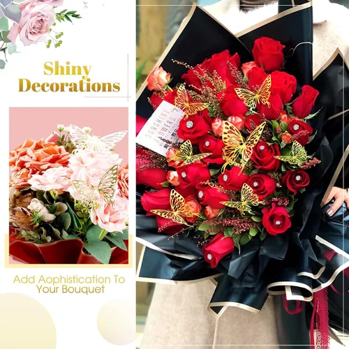 Miniatura 5 de Outus 60 hojas de papel de regalo para ramo de flores, para el Día de la Madre, impermeable, con 60 mariposas 3D, 100 alfileres de flores, 2 rollos