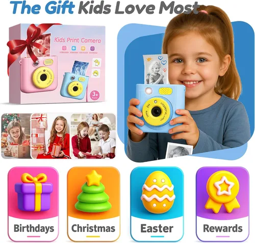 Miniatura 9 de Cámara de impresión instantánea para niños, cámara digital HD de 48 MP 1080P con impresión en color y B&W, tarjeta de 32 GB y 3 rollos de papel