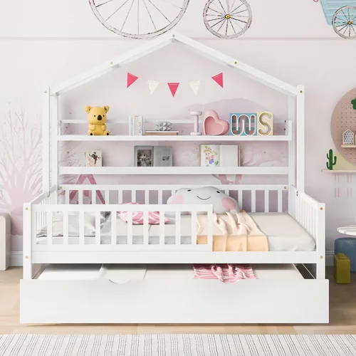 Miniatura 3 de MERITLINE Cama de casa de tamaño matrimonial con nido y estantes de almacenamiento para niños, marco de cama Montessori con rieles de valla y techo