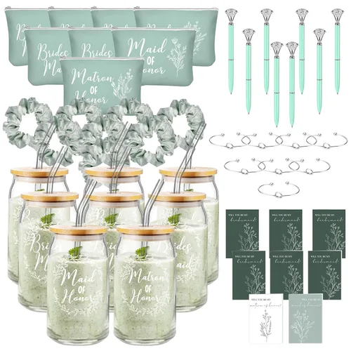 Miniatura 9 de Irenare Juego de 8 piezas de 48 piezas de regalos de dama de honor, regalos de dama de honor, vasos de vidrio de 16 onzas, bolsas de maquillaje