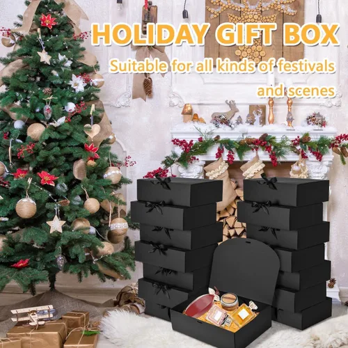 Miniatura 4 de Paquete de 12 cajas de regalo negras con tapas, caja de propuesta de padrinos de boda de 12 x 9.8 x 3.1 pulgadas, caja de regalo negra de lujo
