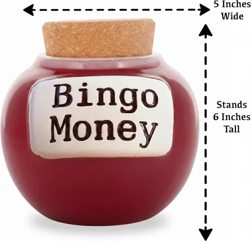Miniatura 4 de Cottage Creek Tarro de dinero de bingo, alcancía de cerámica roja de 6 pulgadas para adultos, divertido tarro de monedas y accesorios de bingo