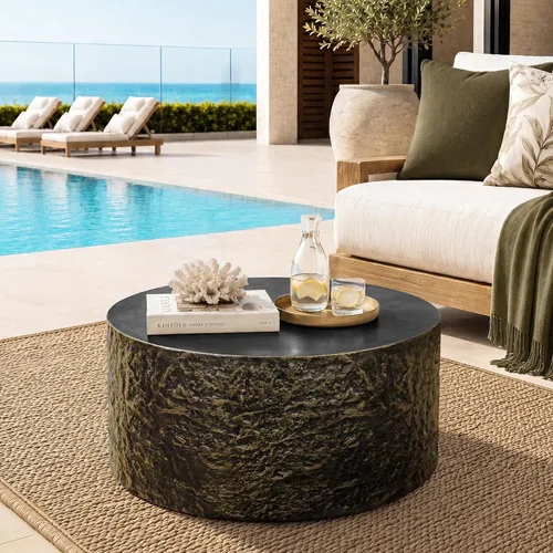 UPHA Mesa auxiliar redonda de 28 pulgadas para exteriores, moderna mesa de patio de hormigón hueco, pequeña mesa minimalista baja para sala de Bronce