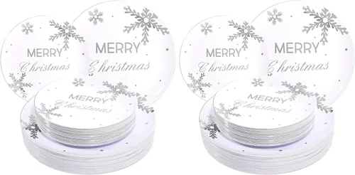 Miniatura 12 de WDF 50 platos de plástico plateados, platos de plástico de Navidad con árbol de Navidad, platos desechables blancos y plateados resistentes