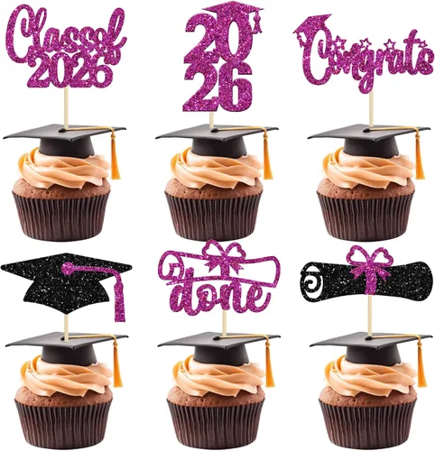 Miniatura 31 de Paquete de 24 adornos para cupcakes de clase 2026 con purpurina 2026 Felicidades Graduación Diploma Done Cupcake Picks 2026 Graduación Temática