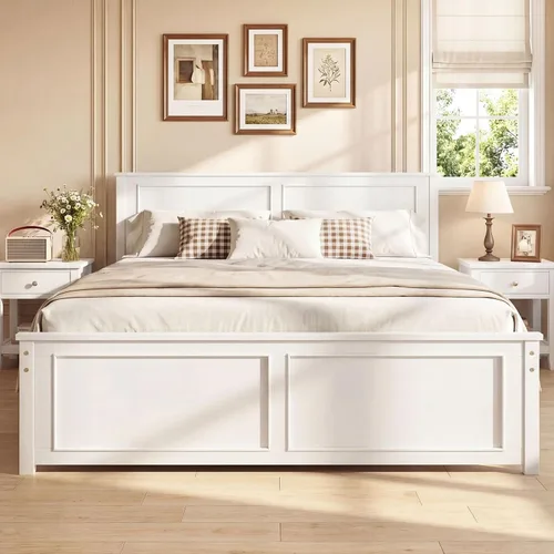 Miniatura 16 de Giantex Marco de cama de plataforma de madera maciza de tamaño matrimonial, marco de cama matrimonial de mediados de siglo con cabecero, soporte