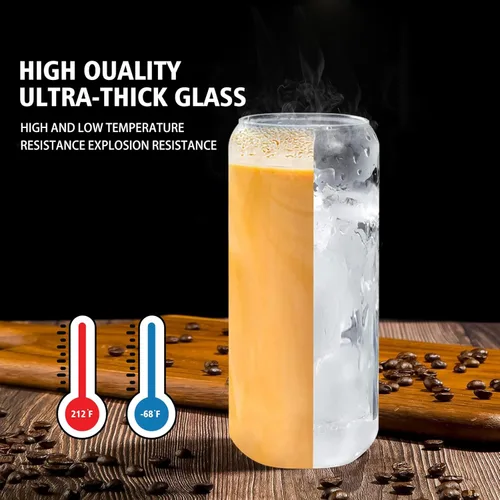 Miniatura 8 de Juego de 2 tazas de vidrio con tapas y pajitas, tazas de café helado con tapas para cerveza fría y cerveza, vidrio en forma de lata de 20 onzas