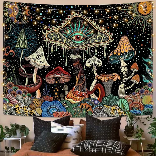 Miniatura 8 de Yeoiat Tapiz de flores cósmicas, tapiz de hongo, paisaje en pared, noche estrellada, arte botánico visionario, decoración para recámara