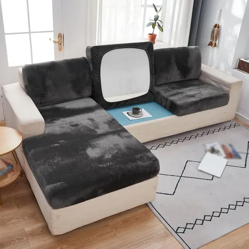 Miniatura 6 de Fundas elásticas de cojín para sofá, funda de cojín de terciopelo en forma de L para sofá chaise longue, funda de asiento de sofá seccional