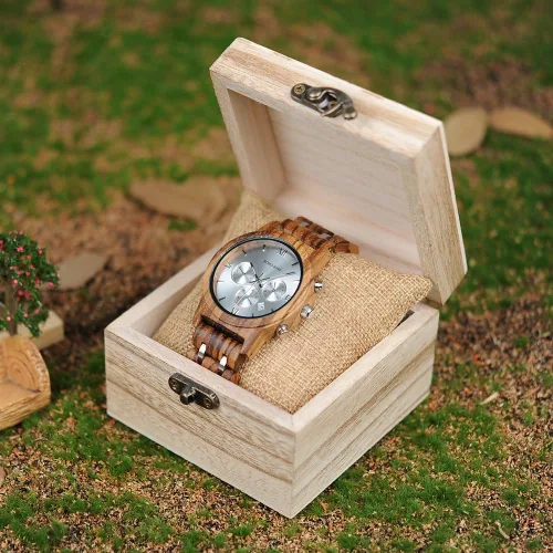 Miniatura 2 de BOBO BIRD Relojes de madera para hombre, correa de metal de madera de lujo, cronógrafo y visualización de fecha, reloj de cuarzo versátil