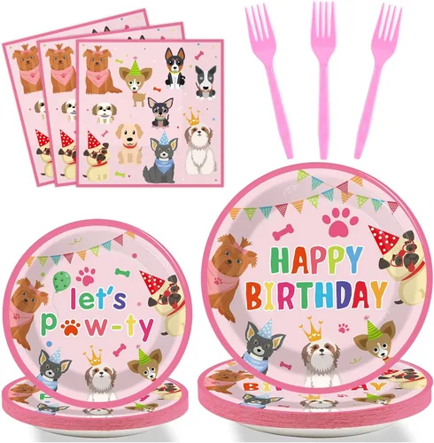 96 piezas de decoración de fiesta de cumpleaños con temática de perro, vajilla para fiesta de cachorros, platos de postre, servilletas, tenedores,