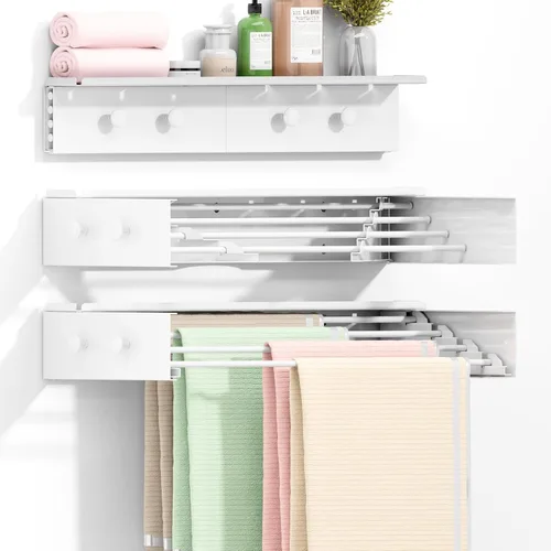 BAKON Tendedero de pared con 4 ganchos y estante, tendedero de ropa plegable para cuarto de lavandería, tendedero de lavandería plegable de montaje