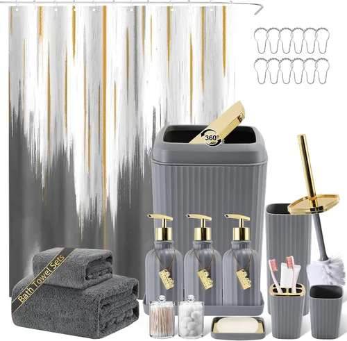Miniatura 20 de 21PCS Bathroom Sets with Shower Curtain and Rugs Bathroom Accessories Set Beige Bathroom Set Complete with Trash Can, Toilet Brush, Qtip Holder &
