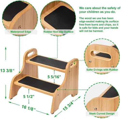 Miniatura 3 de StrongTek Paquete de 2 taburetes de madera de 2 escalones para niños y adultos, superficie antideslizante, almohadillas antideslizantes para pies