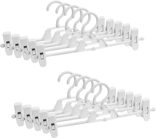 Perchas de plástico para pantalones con clips, 10 perchas para pantalones con clips giratorios y ajustables de 360°, colgador de ropa apilable para