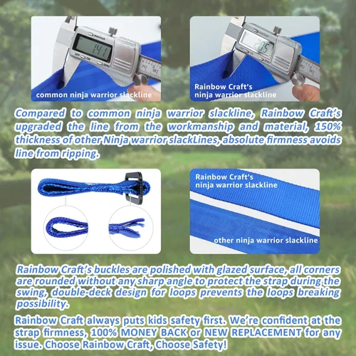 Miniatura 4 de Rainbow Craft Carrera de obstáculos Ninja Warrior para niños, línea floja de 50 pies, 12 trabillas de hebilla extraíbles, 12 accesorios ninja