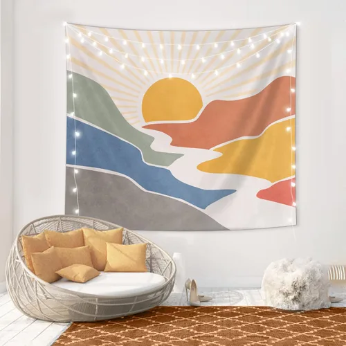 Miniatura 4 de SUOTEMEIFEI Tapiz bohemio de sol de montaña, arte simple, diseño de amanecer, naturaleza, puesta de sol, paisaje, abstracto, estético, decoración