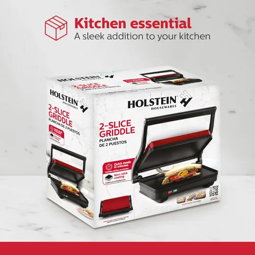 Miniatura 8 de Holstein Housewares - Plancha eléctrica de 2 rebanadas, máquina de sándwiches antiadherente con temperatura ajustable, mango de toque frío