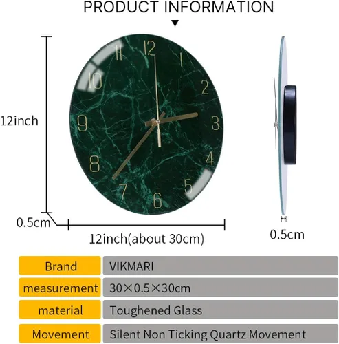 Miniatura 4 de VIKMARI Reloj de pared de cristal, silencioso, sin tictac, reloj de pared de cuarzo de calidad de 12 pulgadas, funciona con pilas, redondo, fácil
