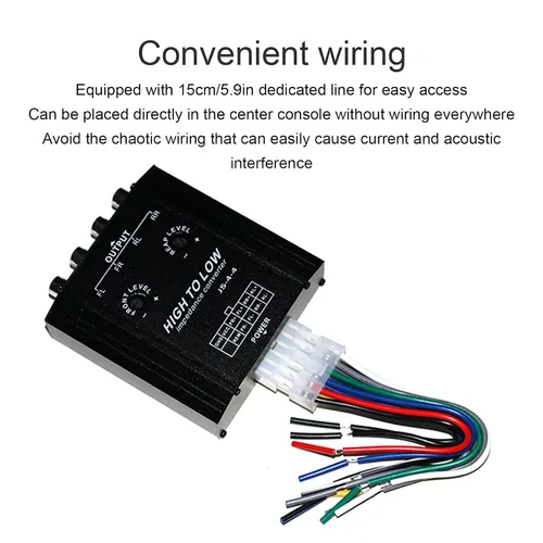 Miniatura 8 de Convertidor de audio, convertidor de impedancia de audio de 12 V, 4 anales, línea alta a baja, frecuencia de altavoz de radio estéreo