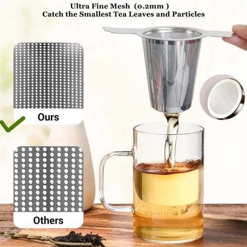 Miniatura 5 de 3 unidades de malla extra fina infusor de té con tapa/bandeja de goteo para té rooibos de hojas sueltas, filtro de té y café de acero inoxidable 304