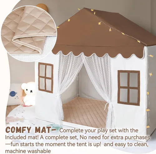 Miniatura 4 de Tienda de campaña para niños con alfombra, tienda de campaña grande para interiores para niñas y niños, tienda de campaña para niños pequeños, Marrón
