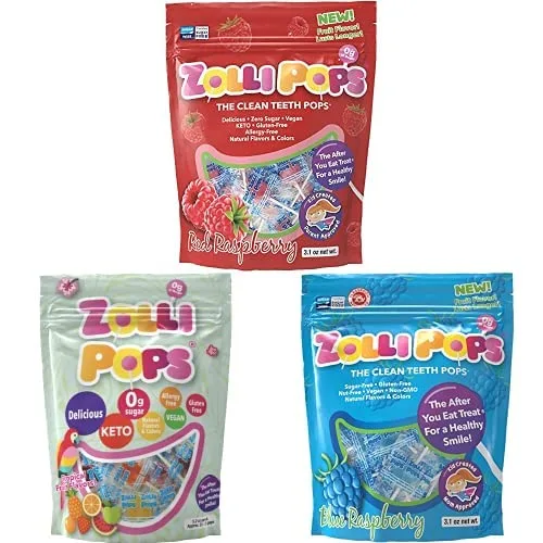 Zollipops - Paquete variado del 4 de julio - (2) paquetes de 3.1 onzas paletas de dientes limpios y (1) paquetes de 5.2 onzas Paletas de dientes