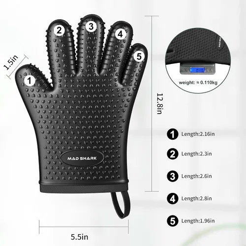 Miniatura 6 de MAD SHARK Manoplas de horno de silicona resistentes al calor de 450 grados, guantes de horno impermeables y antideslizantes con dedos, guantes