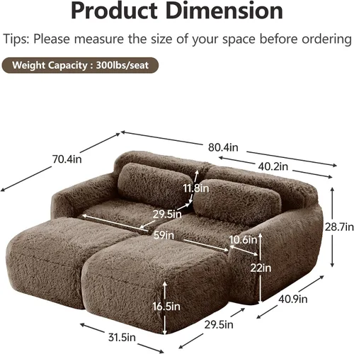 Sofás de nube sin hueso de 80.4 pulgadas, tela de felpa suave y esponjosa, sofá cama modular con 2 otomanas, sofás de dos plazas de chocolate, no