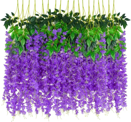 Miniatura 16 de Paquete de 12 flores colgantes de glicina artificial, guirnalda de flores de glicina falsas, enredaderas de seda, decoración de ratán para el hogar