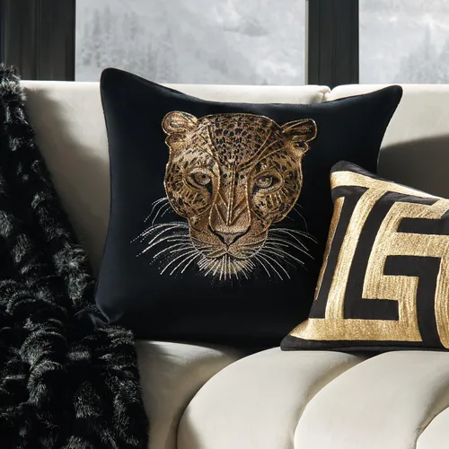 Miniatura 4 de Z Gallerie Namir - Almohada bordada de leopardo de 22 pulgadas, lujosa manta decorativa de terciopelo negro con funda extraíble e inserto de plumas