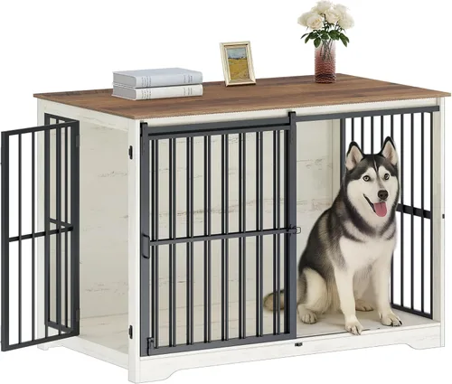 Hzuaneri XXL Mueble de jaula grande para perros, mueble de perrera de interior de 46.9" con puerta de granero, jaula alta de madera para perros,